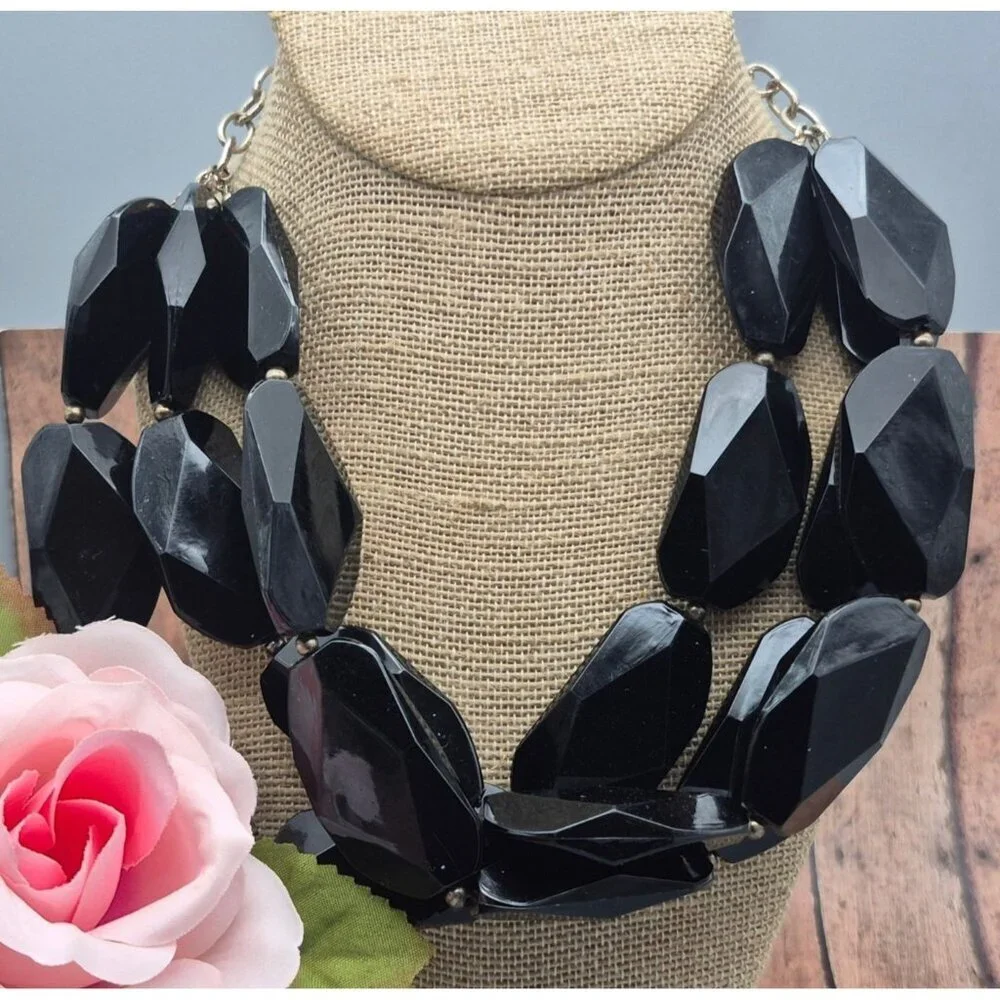 Black Chunky Multi Strand Large Bead Collar Necklace Statement Piece 22